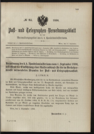 Post- und Telegraphen-Verordnungsblatt für das Verwaltungsgebiet des K.-K. Handelsministeriums 18900910 Seite: 1