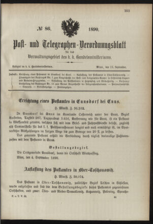 Post- und Telegraphen-Verordnungsblatt für das Verwaltungsgebiet des K.-K. Handelsministeriums 18900915 Seite: 1