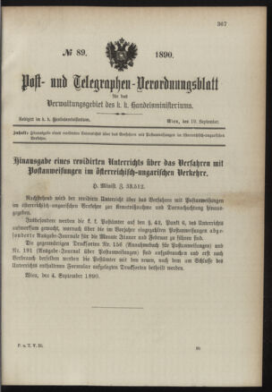 Post- und Telegraphen-Verordnungsblatt für das Verwaltungsgebiet des K.-K. Handelsministeriums 18900919 Seite: 1