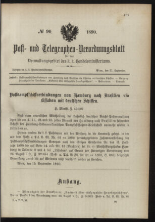 Post- und Telegraphen-Verordnungsblatt für das Verwaltungsgebiet des K.-K. Handelsministeriums 18900921 Seite: 1