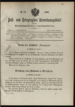 Post- und Telegraphen-Verordnungsblatt für das Verwaltungsgebiet des K.-K. Handelsministeriums 18900923 Seite: 1