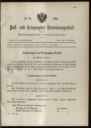 Post- und Telegraphen-Verordnungsblatt für das Verwaltungsgebiet des K.-K. Handelsministeriums 18900927 Seite: 1