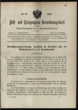 Post- und Telegraphen-Verordnungsblatt für das Verwaltungsgebiet des K.-K. Handelsministeriums 18900929 Seite: 1