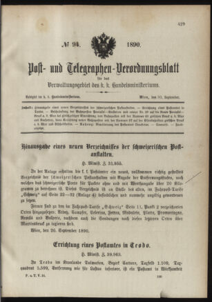 Post- und Telegraphen-Verordnungsblatt für das Verwaltungsgebiet des K.-K. Handelsministeriums 18900930 Seite: 1