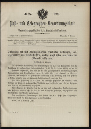 Post- und Telegraphen-Verordnungsblatt für das Verwaltungsgebiet des K.-K. Handelsministeriums 18901007 Seite: 1