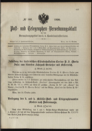 Post- und Telegraphen-Verordnungsblatt für das Verwaltungsgebiet des K.-K. Handelsministeriums 18901023 Seite: 1