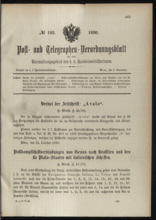 Post- und Telegraphen-Verordnungsblatt für das Verwaltungsgebiet des K.-K. Handelsministeriums 18901103 Seite: 1