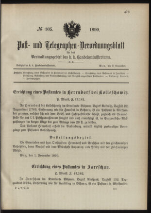 Post- und Telegraphen-Verordnungsblatt für das Verwaltungsgebiet des K.-K. Handelsministeriums 18901109 Seite: 1