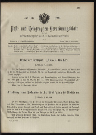 Post- und Telegraphen-Verordnungsblatt für das Verwaltungsgebiet des K.-K. Handelsministeriums 18901111 Seite: 1