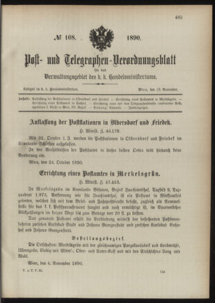 Post- und Telegraphen-Verordnungsblatt für das Verwaltungsgebiet des K.-K. Handelsministeriums 18901113 Seite: 1