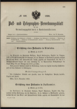 Post- und Telegraphen-Verordnungsblatt für das Verwaltungsgebiet des K.-K. Handelsministeriums 18901115 Seite: 1