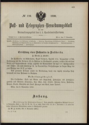 Post- und Telegraphen-Verordnungsblatt für das Verwaltungsgebiet des K.-K. Handelsministeriums 18901117 Seite: 1