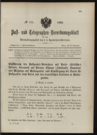 Post- und Telegraphen-Verordnungsblatt für das Verwaltungsgebiet des K.-K. Handelsministeriums 18901122 Seite: 1