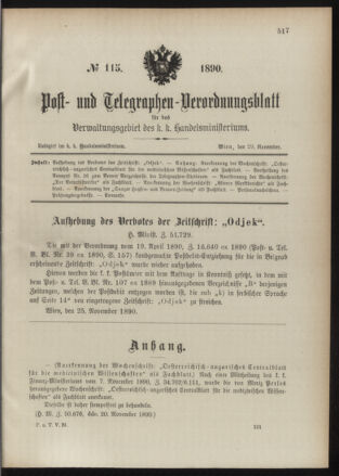 Post- und Telegraphen-Verordnungsblatt für das Verwaltungsgebiet des K.-K. Handelsministeriums 18901129 Seite: 1