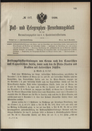 Post- und Telegraphen-Verordnungsblatt für das Verwaltungsgebiet des K.-K. Handelsministeriums 18901203 Seite: 1