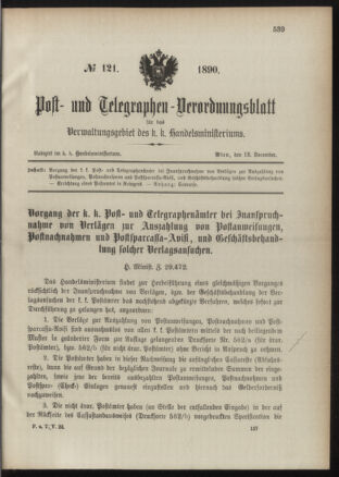 Post- und Telegraphen-Verordnungsblatt für das Verwaltungsgebiet des K.-K. Handelsministeriums 18901213 Seite: 1