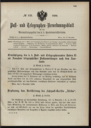 Post- und Telegraphen-Verordnungsblatt für das Verwaltungsgebiet des K.-K. Handelsministeriums 18901215 Seite: 1