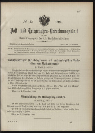 Post- und Telegraphen-Verordnungsblatt für das Verwaltungsgebiet des K.-K. Handelsministeriums 18901216 Seite: 1