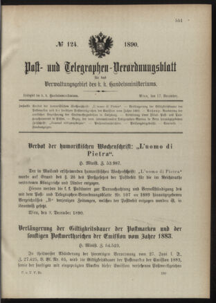 Post- und Telegraphen-Verordnungsblatt für das Verwaltungsgebiet des K.-K. Handelsministeriums 18901217 Seite: 1