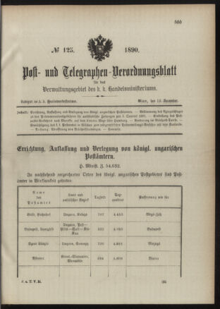 Post- und Telegraphen-Verordnungsblatt für das Verwaltungsgebiet des K.-K. Handelsministeriums 18901219 Seite: 1