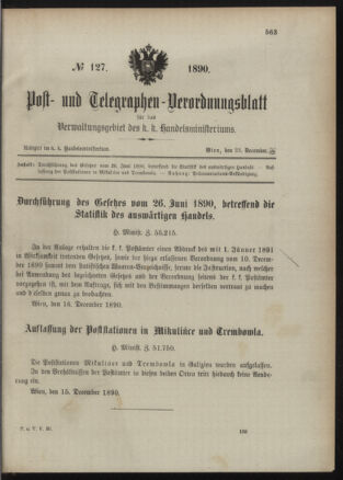 Post- und Telegraphen-Verordnungsblatt für das Verwaltungsgebiet des K.-K. Handelsministeriums 18901223 Seite: 1