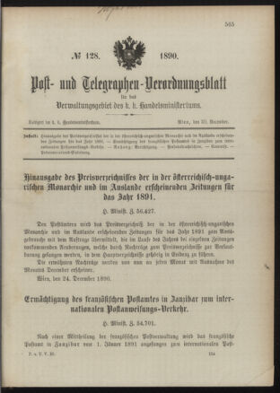 Post- und Telegraphen-Verordnungsblatt für das Verwaltungsgebiet des K.-K. Handelsministeriums 18901230 Seite: 1