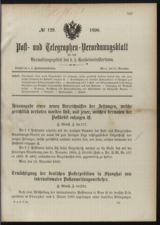 Post- und Telegraphen-Verordnungsblatt für das Verwaltungsgebiet des K.-K. Handelsministeriums 18901231 Seite: 1