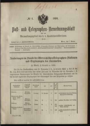 Post- und Telegraphen-Verordnungsblatt für das Verwaltungsgebiet des K.-K. Handelsministeriums 18910107 Seite: 1