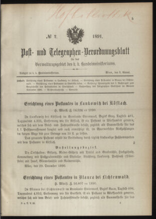 Post- und Telegraphen-Verordnungsblatt für das Verwaltungsgebiet des K.-K. Handelsministeriums 18910109 Seite: 1