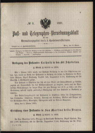 Post- und Telegraphen-Verordnungsblatt für das Verwaltungsgebiet des K.-K. Handelsministeriums 18910113 Seite: 1