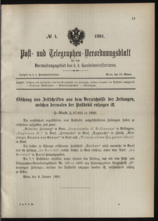 Post- und Telegraphen-Verordnungsblatt für das Verwaltungsgebiet des K.-K. Handelsministeriums 18910115 Seite: 1