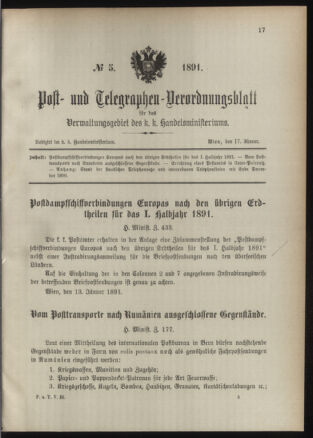 Post- und Telegraphen-Verordnungsblatt für das Verwaltungsgebiet des K.-K. Handelsministeriums 18910117 Seite: 1