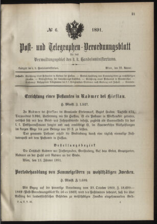 Post- und Telegraphen-Verordnungsblatt für das Verwaltungsgebiet des K.-K. Handelsministeriums 18910122 Seite: 1