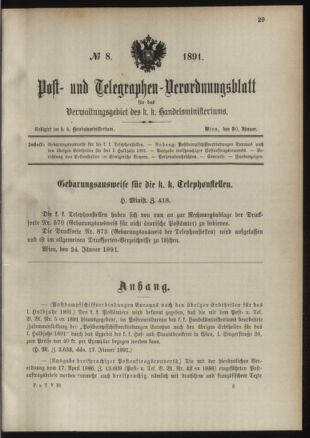 Post- und Telegraphen-Verordnungsblatt für das Verwaltungsgebiet des K.-K. Handelsministeriums 18910130 Seite: 1