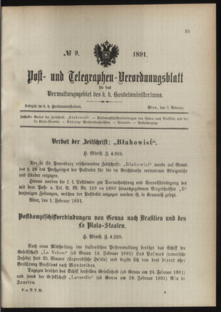 Post- und Telegraphen-Verordnungsblatt für das Verwaltungsgebiet des K.-K. Handelsministeriums 18910205 Seite: 1