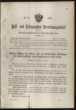 Post- und Telegraphen-Verordnungsblatt für das Verwaltungsgebiet des K.-K. Handelsministeriums 18910208 Seite: 1