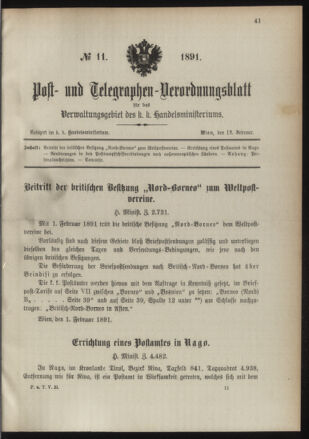 Post- und Telegraphen-Verordnungsblatt für das Verwaltungsgebiet des K.-K. Handelsministeriums 18910212 Seite: 1