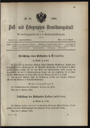 Post- und Telegraphen-Verordnungsblatt für das Verwaltungsgebiet des K.-K. Handelsministeriums 18910214 Seite: 1