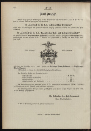 Post- und Telegraphen-Verordnungsblatt für das Verwaltungsgebiet des K.-K. Handelsministeriums 18910214 Seite: 4