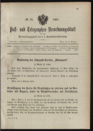 Post- und Telegraphen-Verordnungsblatt für das Verwaltungsgebiet des K.-K. Handelsministeriums 18910220 Seite: 1