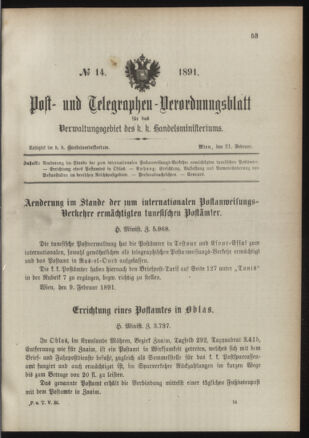 Post- und Telegraphen-Verordnungsblatt für das Verwaltungsgebiet des K.-K. Handelsministeriums 18910221 Seite: 1