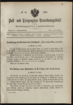 Post- und Telegraphen-Verordnungsblatt für das Verwaltungsgebiet des K.-K. Handelsministeriums 18910223 Seite: 1