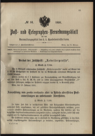 Post- und Telegraphen-Verordnungsblatt für das Verwaltungsgebiet des K.-K. Handelsministeriums 18910225 Seite: 1