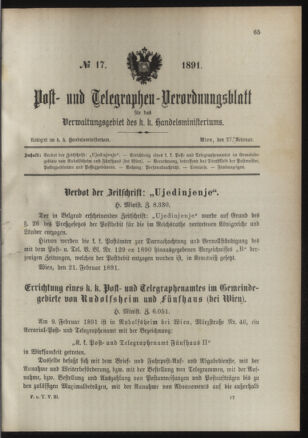 Post- und Telegraphen-Verordnungsblatt für das Verwaltungsgebiet des K.-K. Handelsministeriums 18910227 Seite: 1