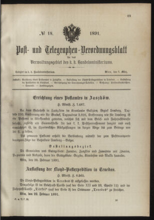 Post- und Telegraphen-Verordnungsblatt für das Verwaltungsgebiet des K.-K. Handelsministeriums 18910306 Seite: 1