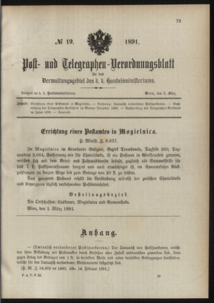 Post- und Telegraphen-Verordnungsblatt für das Verwaltungsgebiet des K.-K. Handelsministeriums 18910309 Seite: 1