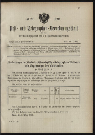 Post- und Telegraphen-Verordnungsblatt für das Verwaltungsgebiet des K.-K. Handelsministeriums