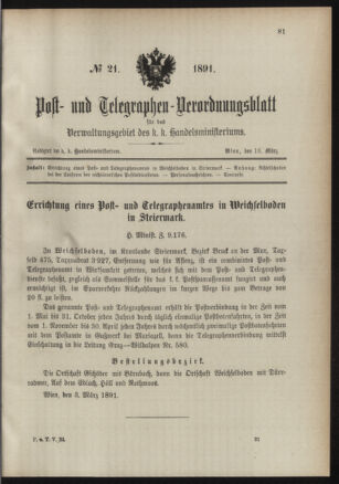 Post- und Telegraphen-Verordnungsblatt für das Verwaltungsgebiet des K.-K. Handelsministeriums 18910313 Seite: 1