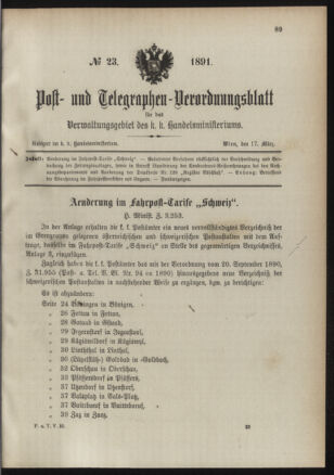 Post- und Telegraphen-Verordnungsblatt für das Verwaltungsgebiet des K.-K. Handelsministeriums 18910317 Seite: 1