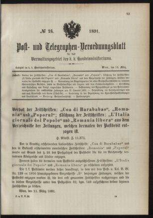 Post- und Telegraphen-Verordnungsblatt für das Verwaltungsgebiet des K.-K. Handelsministeriums 18910318 Seite: 1